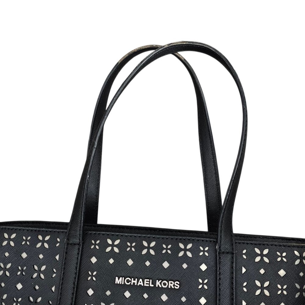 Michael Kors Hayley Tote Laser-cut Leather Medium Black And Silver Handbag COA - Picture 13 of 15